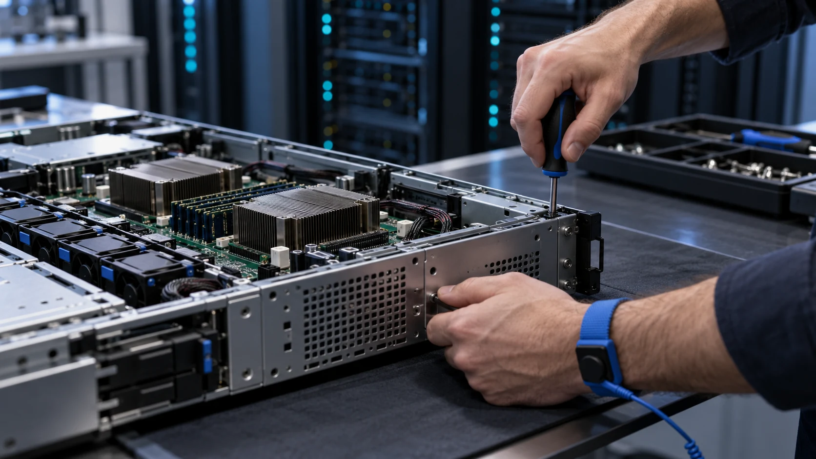 Illustrative technician working on a server